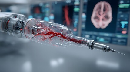 Medical Robotic Syringe with Red Blood - Vessel - like Structure and Brain Background, Isolated Vector for Medical and Scientific Design Copy Space 