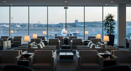 Comfortable airport lounge seating area for premium travel and business class passengers waiting to board