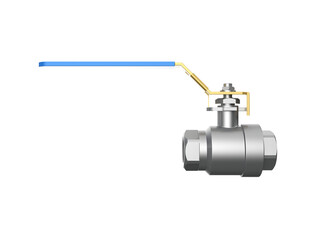 Precision Fluid Control: HD 3D Silver Ball Valve with Blue Handle and Gold Stem. Isolated Pipe Fitting on Transparent PNG. Ideal for Plumbing, HVAC, Water, Gas Supply, Industrial and Pipeline Use.