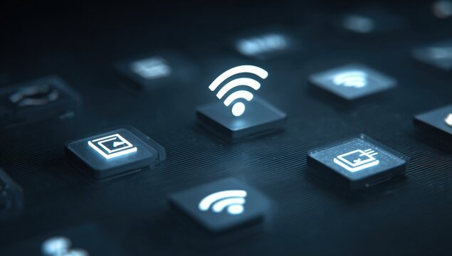 Abstract digital interface with glowing icons - Powered by Adobe