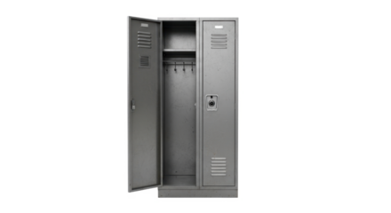A gray metal locker with one door open, revealing interior hooks and compartments.