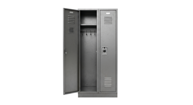 A gray metal locker with one door open, revealing interior hooks and compartments. - Powered by Adobe