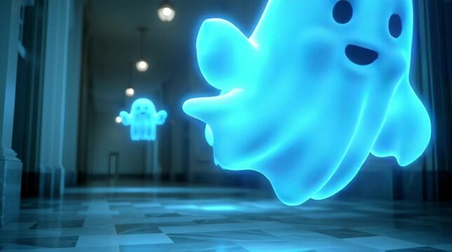 Cute glowing ghost animation in haunted hallway, playful spooky cartoon characters floating in dark corridor for Halloween fantasy background and kids Halloween animation footage