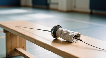 Fencing foil resting on a wooden bench in a quiet gym, soft daylight, shallow depth create elegant focus, mood of discipline, precision, concept of training, duel preparation, technique, Olympic sport