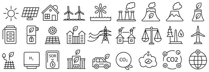Renewable energy icons, solar power, wind turbine, sustainability symbols, eco-friendly technology, green electricity, environmental conservation, clean energy, climate solutions