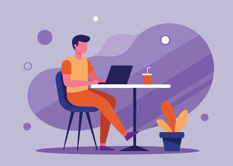 A illustration Man working on laptop at a cafe with a drink and plant