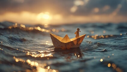 A paper boat with a figurine on a wavy sea at sunset