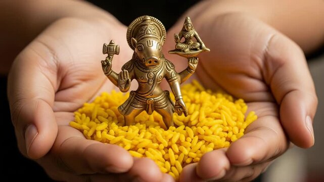 Varaha Jayanti Celebration Close-up of Brass Varaha Idol on Turmeric Rice in Hands
