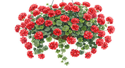 Colorful red geranium plant in a pot, decorative floral styling for home decor and garden design - Isolated White Background