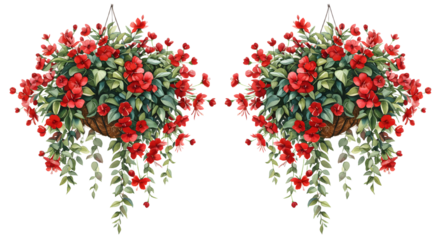 Decorative hanging baskets with vibrant red and green foliage, ideal for floral design and garden decoration - Isolated White Background