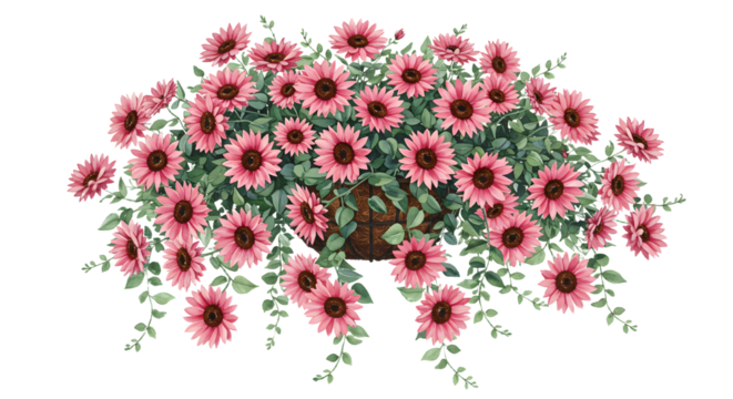 Colorful pink daisy flowers in lush basket, ideal for floral designs and decoration themes - Isolated White Background