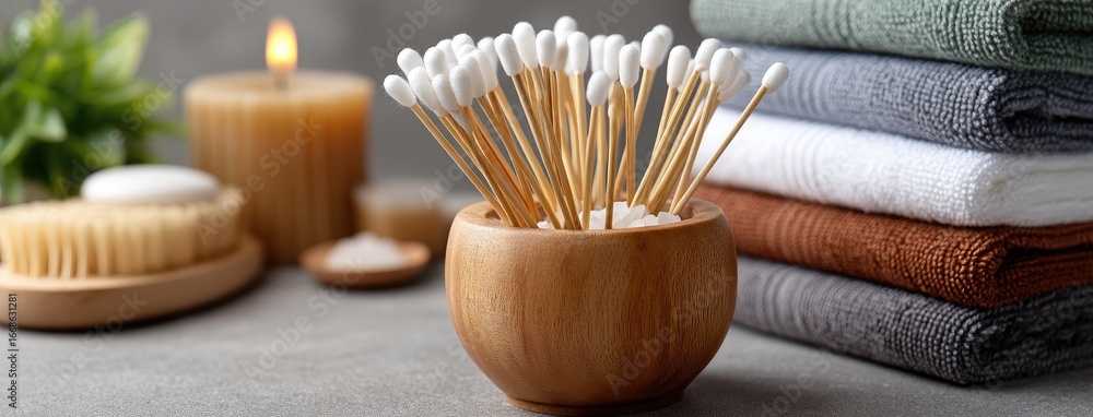 Poster cotton swabs arranged in a wooden bowl next to relaxing candles and neatly stacked towels in a tranq