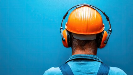 Back of a worker with bright orange hardhat & ear muffs against a blue backdrop