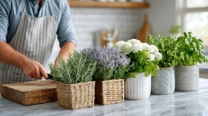 Man Pruning Indoor Herb Garden on Kitchen Counter