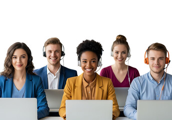 Diverse call center team smiling and working at computers transparent background