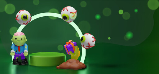 3D illustration of a zombie character with floating eyeballs, a creepy hand holding a gift, a podium. Halloween sales, zombie party promotions, spooky event invitations, discount advertising banners.