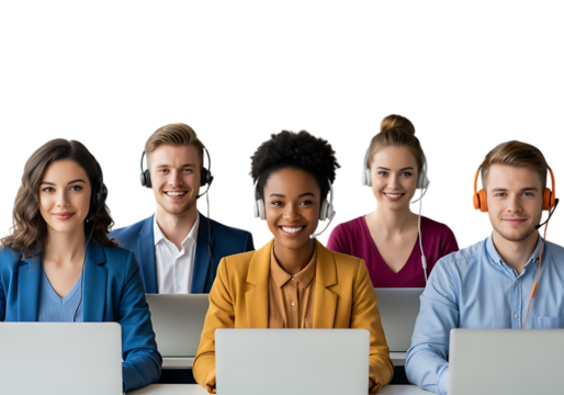 Diverse call center team smiling and working at computers transparent background - Powered by Adobe