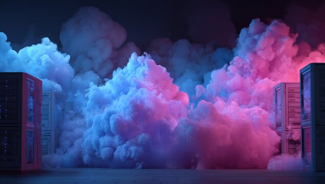 Futuristic server room engulfed in swirling neon clouds