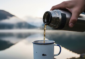 Close-up of tea being poured beside a mountain lake in soft morning mist, Ai Generate.