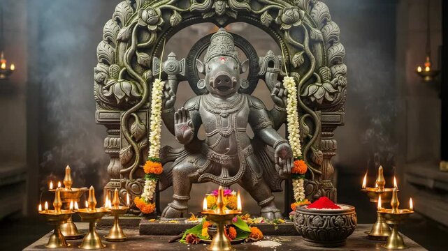 Varaha Jayanti Celebration Intricate Stone Sculpture of Varaha  Lord Vishnu s Boar Avatar  Adorned with Flowers and Incense in a Temple Setting