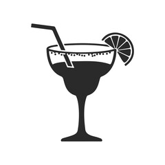 Black and white cocktail icon with lemon slice and straw