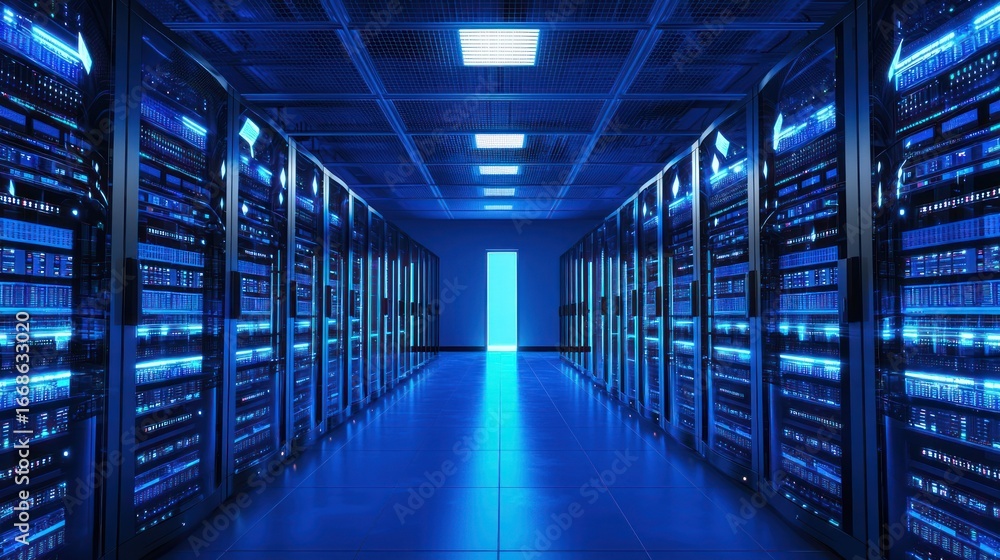 Poster a server room with multiple servers and a door in the distance.