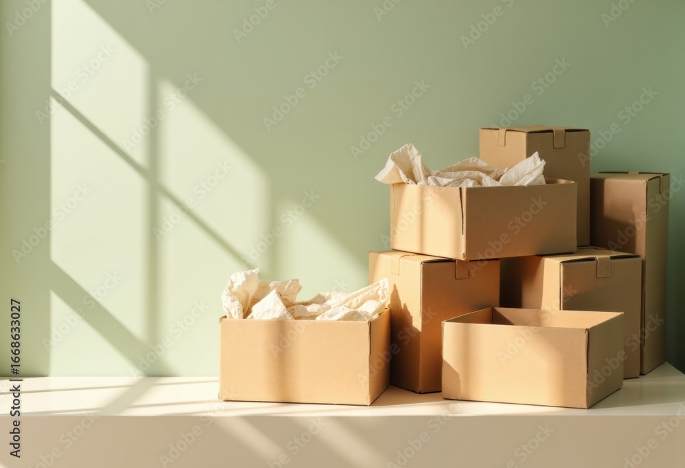 Poster stacked plain produce boxes with liners in a sunlit setting