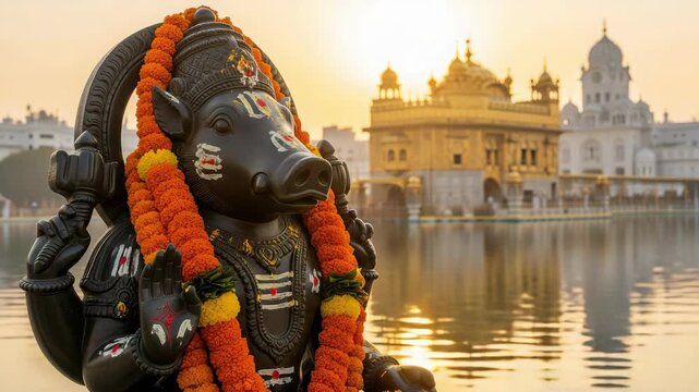 Varaha Jayanti Celebration Lord Varaha Statue Adorned with Marigolds near Golden Temple  Amritsar