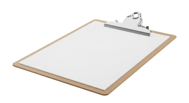 A clipboard with a blank white sheet of paper held by a metal clip, angled on a white surface.
