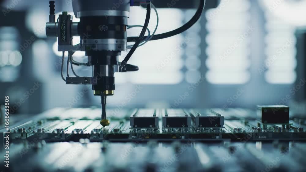 Aufkleber automated machine placing components on circuit board, assembly line