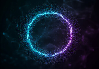 An abstract ring of glowing blue and pink energy, surrounded by a complex particle network. Represents science, technology, or sound waves.

