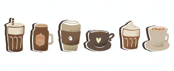 set of coffee beverages collections. Set of coffee cups, mugs, and glassware in artistic illustration