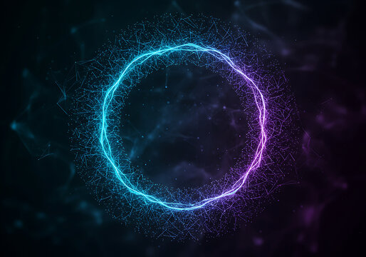 An abstract ring of glowing blue and pink energy, surrounded by a complex particle network. Represents science, technology, or sound waves.
