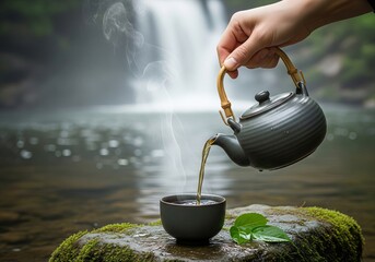 Close-up of a hand pouring herbal tea from a small teapot into a cup on a rock near a flowing waterfall, mist in background, Ai Generate.