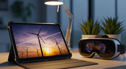 A tablet displaying wind turbines at sunset with a VR headset nearby, showcasing modern technology