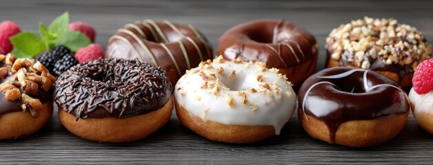 Fototapeta premium Delicious selection of gourmet donuts featuring various toppings displayed on a wooden table with fresh berries
