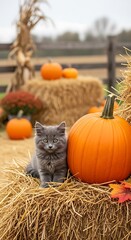 Gray kitten sits amidst hay bales and pumpkins.