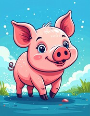 Fototapeta premium A cute cartoon piglet happily splashes in a puddle, surrounded by a bright blue sky and fluffy clouds.