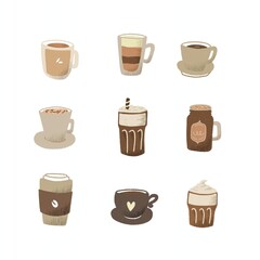 Set of coffee cups, mugs, and glassware in artistic illustration