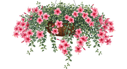 Fototapeta premium Beautiful pink flowering plant in hanging basket for garden decor, ideal for floral design and landscaping - Isolated White Background