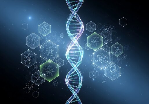 DNA double helix structure with molecular biology chemical formulas and biotechnology research concept
