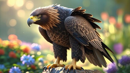 Fototapeta premium Golden Eagle Perched Among Colorful Flowers