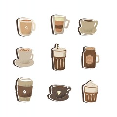 set of coffee beverages collections. Set of coffee cups, mugs, and glassware in artistic illustration