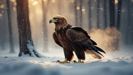 Fototapeta premium Golden eagle perched in winter forest