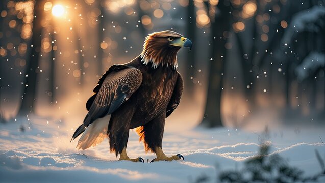 Golden eagle perched in winter landscape - Powered by Adobe