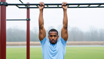 Athletic man hanging on pull-up bar in outdoor fitness park, focused gaze and strong arms, calm determination and discipline, concept of strength training, perseverance, bodyweight workout, resilience