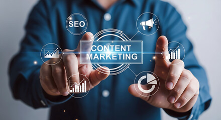 Person interacting with a digital interface displaying content marketing strategy elements