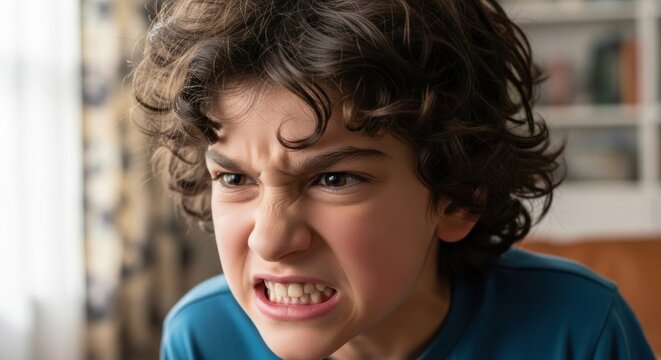 Angry child indoor close-up, bookshelves background