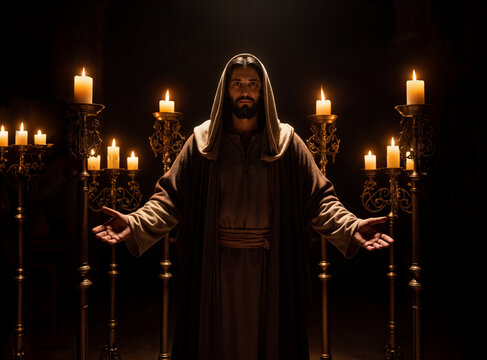 Jesus Christ seven golden lampstands dark book of Revelation Long robe Bible
