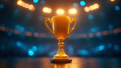 Closeup of glowing golden trophy cup with sparkling particles, blurred bokeh background - victory, success, achievement, and winning a champion concept